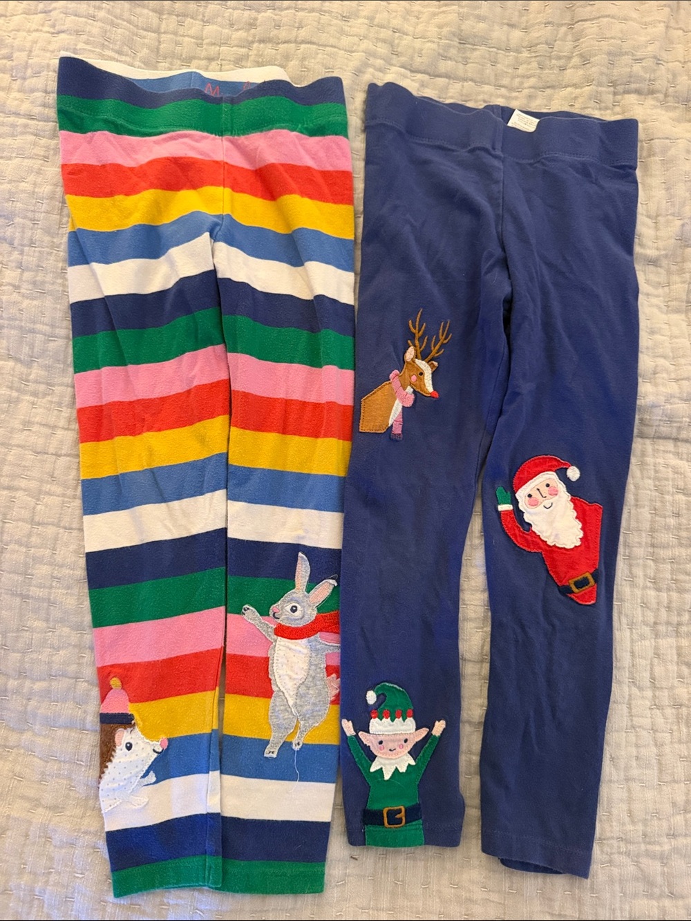 Mini Boden Girls' Rainbow Stripe & Navy Holiday Appliqué Leggings (size 6)